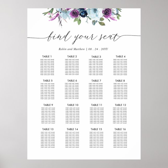 Chic Purple and Blue Wedding Seating Chart Sign (Front)
