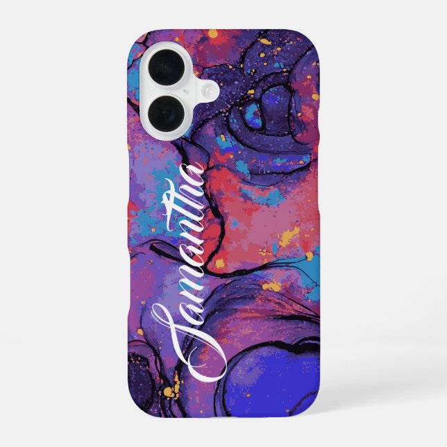 Chic Purple and Pink Marble Personalised Name iPhone 16 Case (Back)