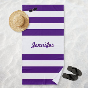 Chic Purple and White Stripes Personalised Beach Towel
