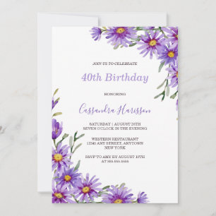 Chic Purple Aster Floral Botanical Birthday Invitation