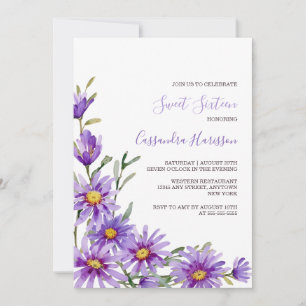 Chic Purple Aster Floral Greenery Birthday Invitation