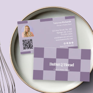 Chic Purple Bakery Logo Checkered Pastry QR Photo  Business Card