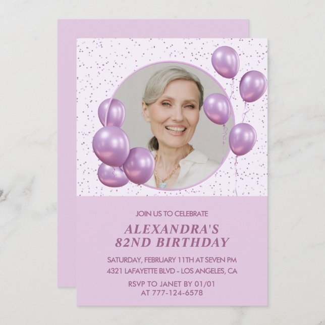 Chic Purple Balloons Photo 82nd birthday Invitation (Front/Back)