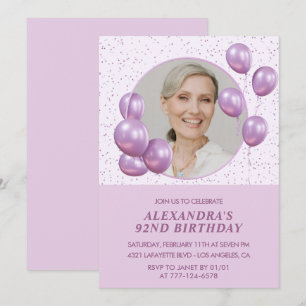 Chic Purple Balloons Photo 92nd birthday Invitatio Invitation