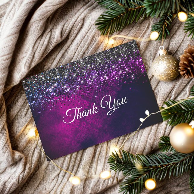 Chic purple black silver drips glitter thank you card (Creator Uploaded)