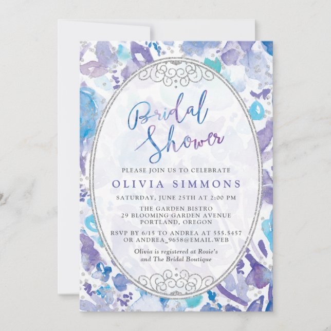 Chic Purple & Blue Watercolor Floral Bridal Shower Invitation (Front)