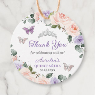 Chic Purple Blush Floral Butterflies Silver Crown Favour Tags