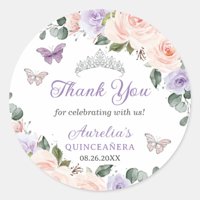 Chic Purple Blush Floral Butterflies Silver Quince Classic Round Sticker (Front)