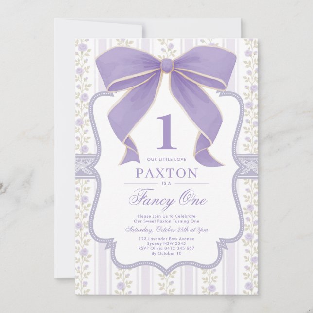 Chic Purple Bow Fancy One Love Shack 1st Birthday Invitation (Front)