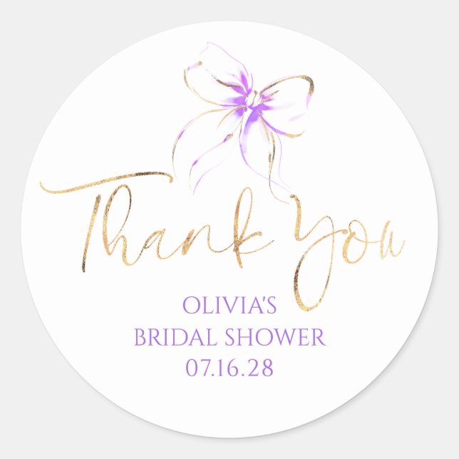 Chic Purple Bow Favors Bridal Shower Thank You  Classic Round Sticker (Front)