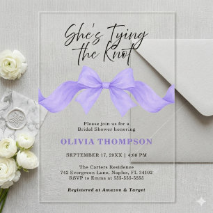 Chic Purple Bow She's Tying the Knot Bridal Shower Acrylic Invitations