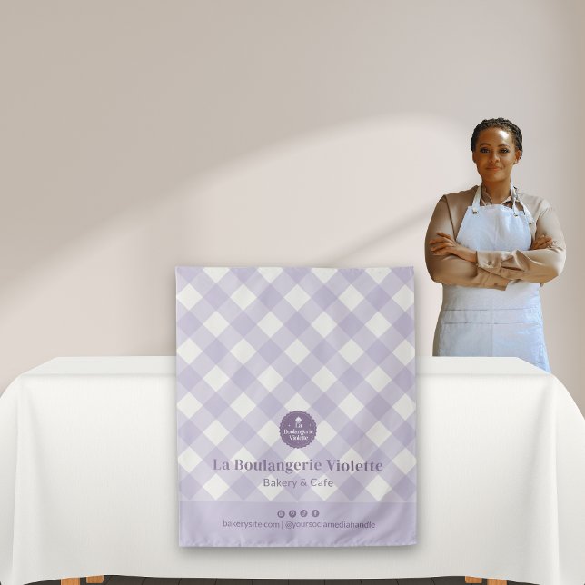 Chic Purple Checker Bakery Logo Event Table Runner Tapestry (Creator Uploaded)