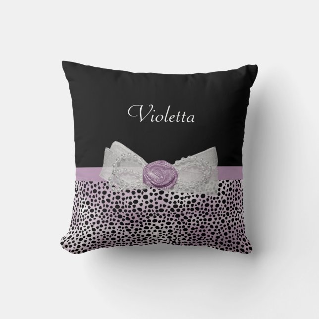Chic Purple Cheetah Print Cute Rose Bow and Name Cushion (Front)