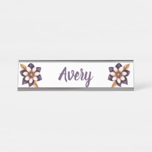 Chic Purple Cream Floral Name Desk Name Plate