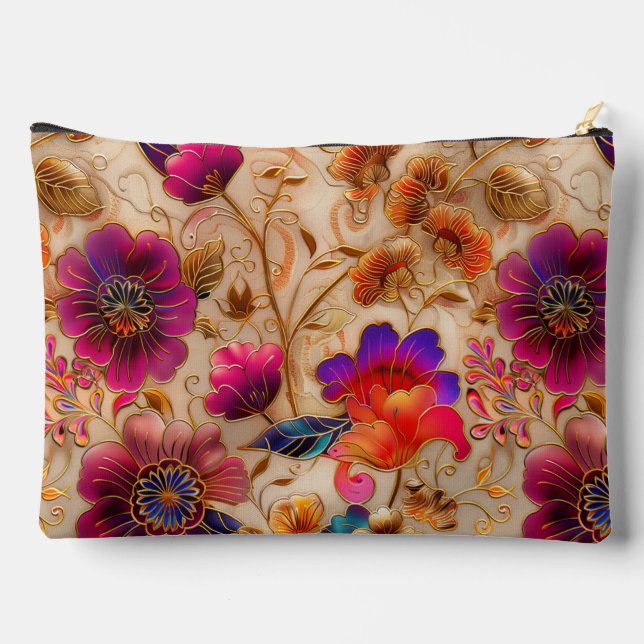 Chic purple cream floral pattern  accessory pouch (Back)