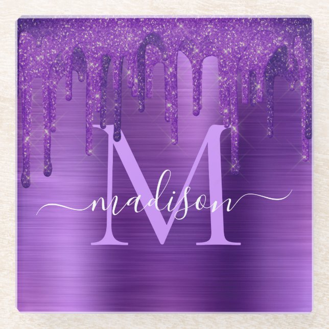 Chic Purple Dripping Glitter Brush Metal Monogram Glass Coaster (Front)