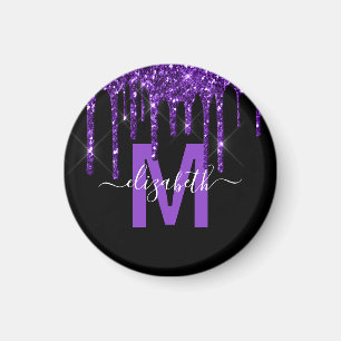 Chic Purple Dripping Glitter Brush Metal Monogram Magnet