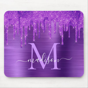 Chic Purple Dripping Glitter Brush Metal Monogram Mouse Pad