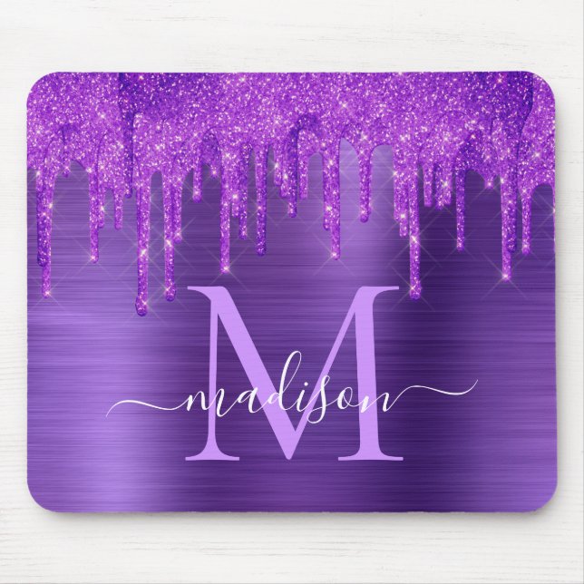 Chic Purple Dripping Glitter Brush Metal Monogram Mouse Pad (Front)