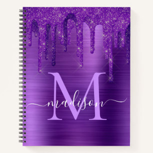 Chic Purple Dripping Glitter Brush Metal Monogram Notebook