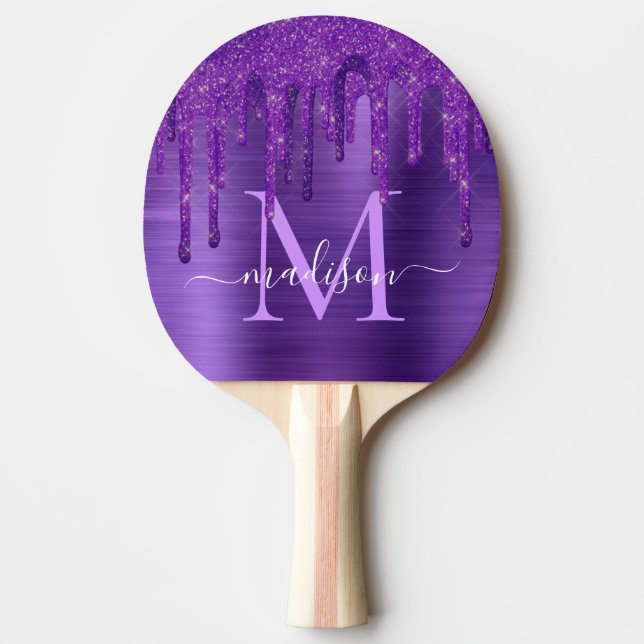 Chic Purple Dripping Glitter Brush Metal Monogram Ping Pong Paddle (Front)
