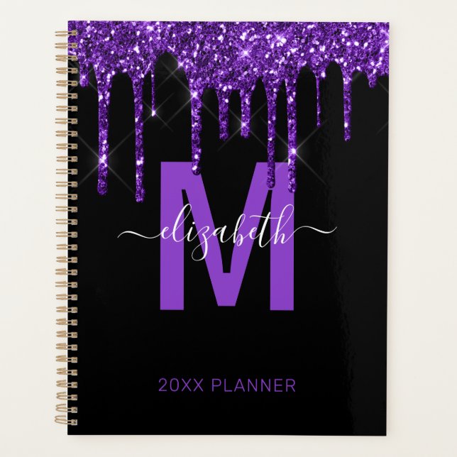 Chic Purple Dripping Glitter Monogram Name 2024 Planner (Front)