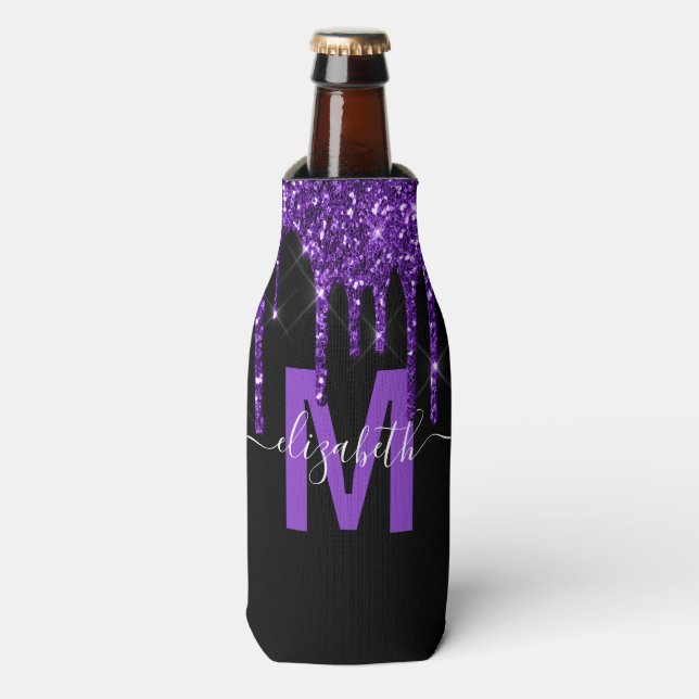 Chic Purple Dripping Glitter Monogram Name Bottle Cooler (Bottle Front)