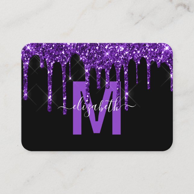 Chic Purple Dripping Glitter Monogram Name Business Card (Front)