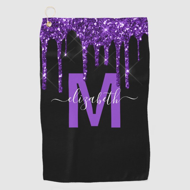 Chic Purple Dripping Glitter Monogram Name Golf Towel (Front)