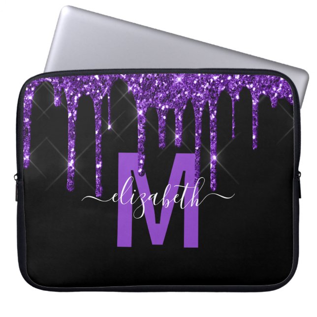 Chic Purple Dripping Glitter Monogram Name Laptop Sleeve (Front)