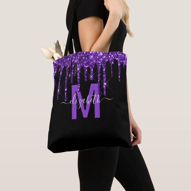 Chic Purple Dripping Glitter Monogram Name Tote Bag (Close Up)