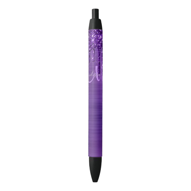 Chic Purple Dripping Glitter Monogram Script Name  Black Ink Pen (Front Vertical)
