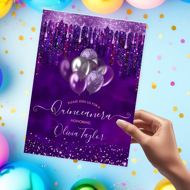 Chic purple drips glitter balloons Quinceanera Invitation (Creator Uploaded)