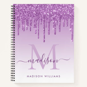 Chic Purple Drips Glitter Sparkle Monogram Script Notebook