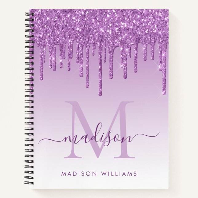 Chic Purple Drips Glitter Sparkle Monogram Script Notebook (Front)