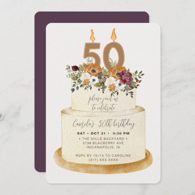 Chic Purple Fall Autumn 50th Birthday Cake Invitation (Front/Back)