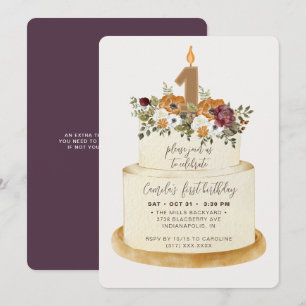 Chic Purple Fall Autumn First Birthday Cake Invitation