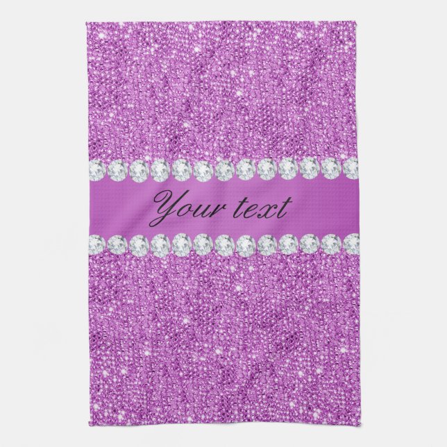 Chic Purple Faux Sequins and Diamonds Tea Towel (Vertical)