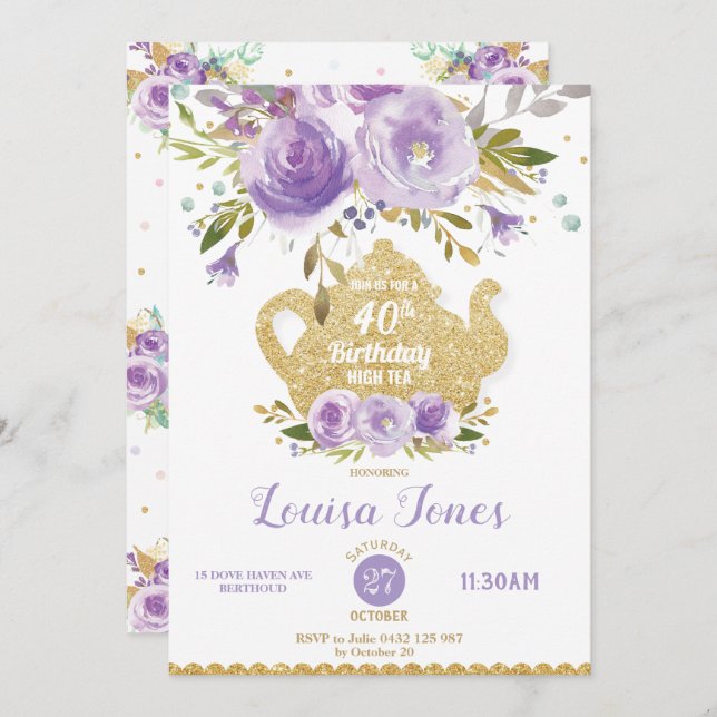 Chic Purple Floral 40th Birthday Tea Party ANY AGE Invitation (Front/Back)