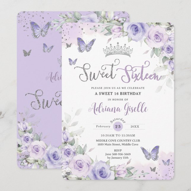 Chic Purple Floral Butterflies Sweet Sixteen 16th Invitation (Front/Back)