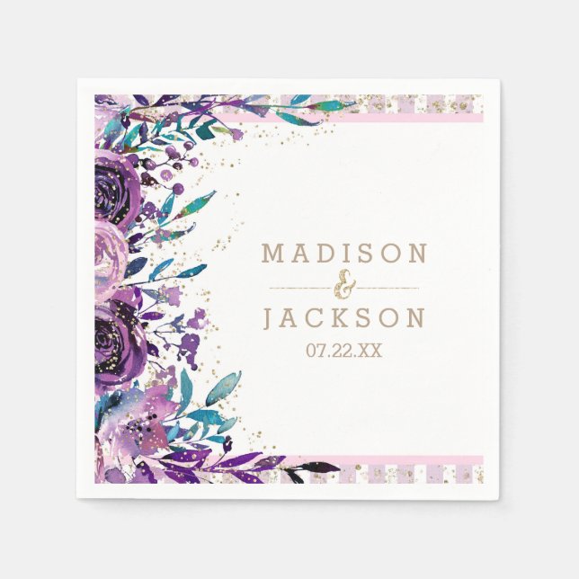 Chic Purple Floral Champagne Gold Monogram Wedding Napkin (Front)