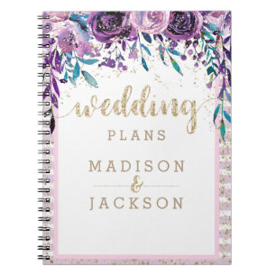 Chic Purple Floral Champagne Gold Wedding Planner Spiral Notebook