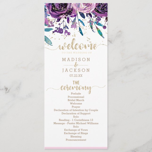 Chic Purple Floral Champagne Gold Wedding Program Programme (Front)