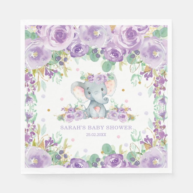 Chic Purple Floral Elephant Baby Shower Birthday Napkin (Front)
