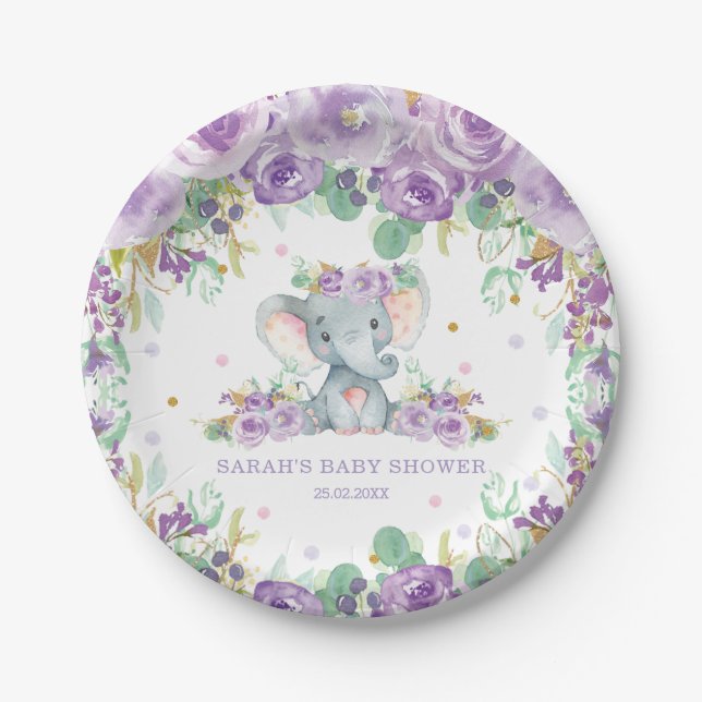 Chic Purple Floral Elephant Baby Shower Girl Paper Plate (Front)