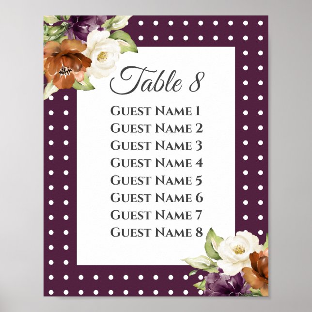 Chic Purple Floral Fall Wedding Seating Chart (Front)