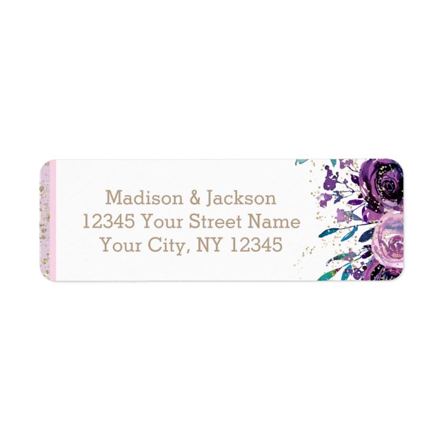 Chic Purple Floral & Gold Wedding Return Address (Front)