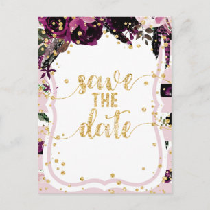 Chic Purple Floral & Gold Wedding Save the Date Announcement Postcard