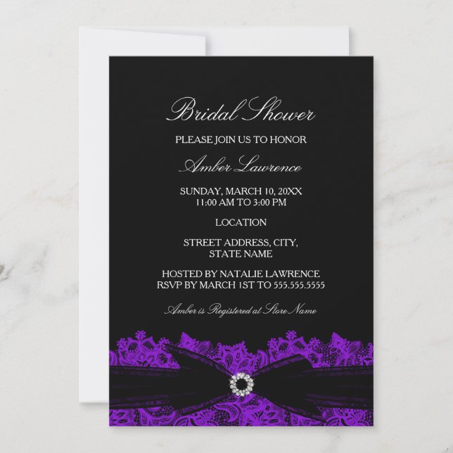 Chic Purple Floral Lace Bridal Shower Invitation (Front)