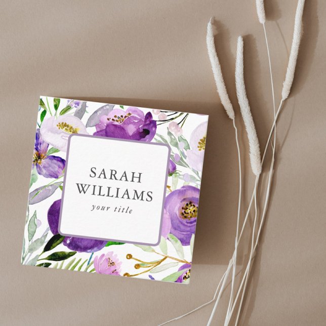Chic Purple Floral Nature Elegant Editable Square  Square Business Card (Creator Uploaded)